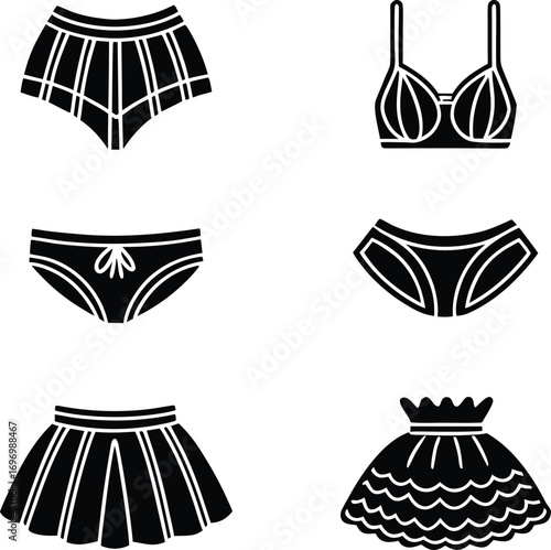 collection, of, stylish, women's, skirts, and, lingerie, silhouettes, including, pleated, skirts, panties, and, various, bra, styles, vector