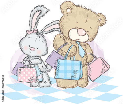 Cute teddy bear and bunny on shopping. Vector illustration for a card or poster. Print on clothes.