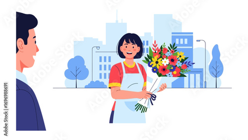 Blossom's Gift: A thoughtful client receives a vibrant bouquet from a florist, against the backdrop of a tranquil cityscape.