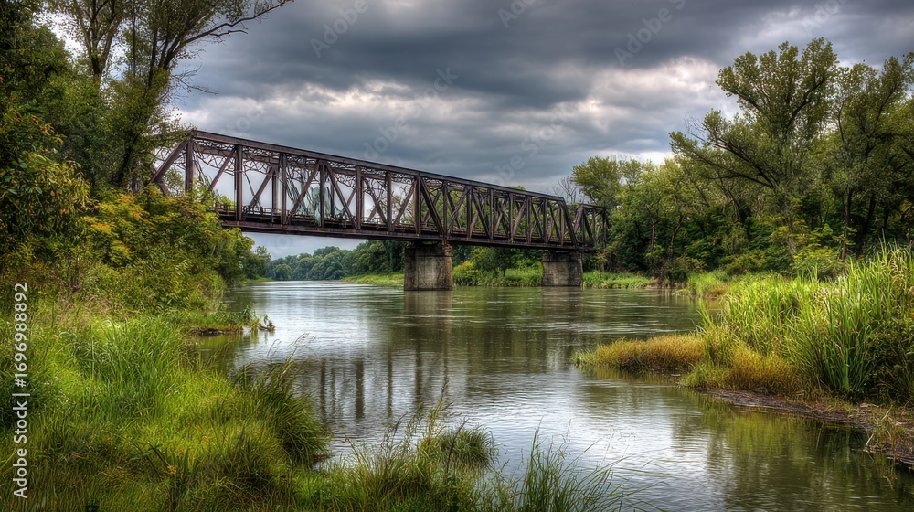 Fototapeta premium Rusty metal bridge over a calm river