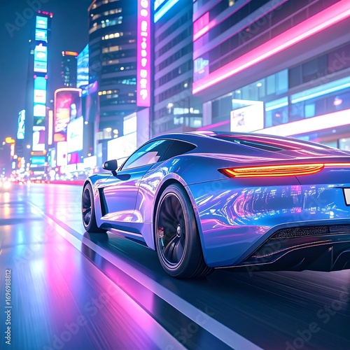 Sleek sports car drives down a vibrant city street at night, neon lights blur
