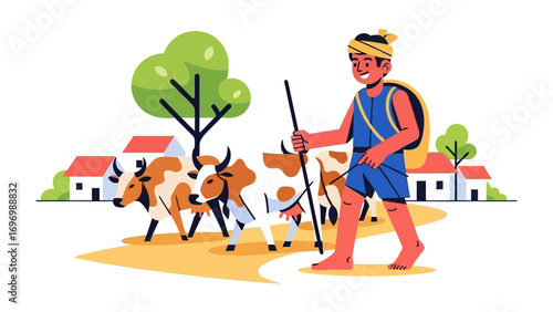 Village shepherd and cattle: an illustration of a shepherd guides his cattle along a rural village path, showcasing the harmony between rural living and nature.