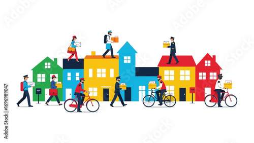 Delivery Town: Vibrant illustration depicting essential service providers navigating through a colorful town, ensuring timely delivery of packages and letters.