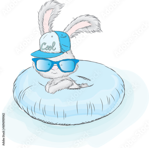 Cute hare floats on an inflatable circle. Vector illustration. 