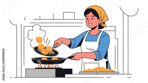 Culinary Artisan: A skilled woman chef, adorned in a charming headscarf, elevates golden delights from a sizzling pan with a graceful flair, showcasing the artistry of cooking.
