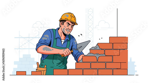 Bricklayer at Work: A skilled bricklayer, meticulously laying bricks to construct a sturdy wall, epitomizes the essence of building, construction, and craftsmanship.