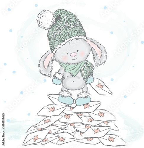 Hare standing on a pile of letters. Vector illustration for greeting card, poster, or print on clothes. Cute rabbit in a hat and boots.