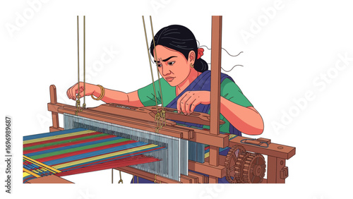 Artisan Crafting Fabric: A skilled artisan meticulously works on a traditional weaving loom, their hands expertly manipulating threads to create intricate fabric patterns.