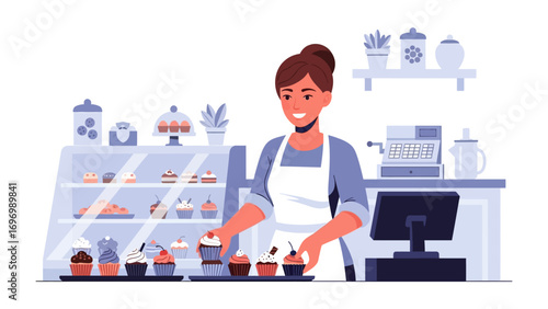 Bake shop showcase: a shop owner happily arranging a tray of colorful cupcakes behind the counter, offering a taste of sweetness.