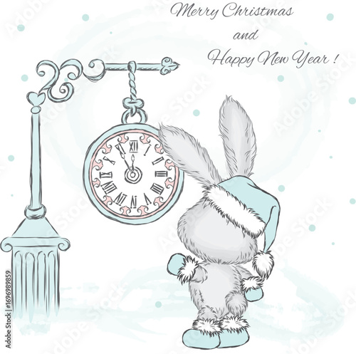 Cute hare under the clock. New Year card. Christmas. Vector illustration.