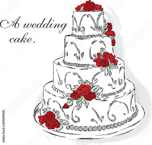 Beautiful wedding cake. Vector illustration for greeting cards and invitations.