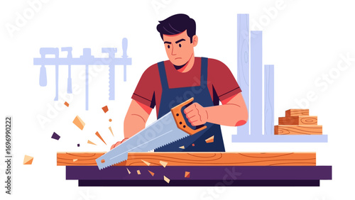 Crafting Timber: A skilled carpenter meticulously saws through timber, transforming raw material into potential, capturing the essence of craftsmanship.