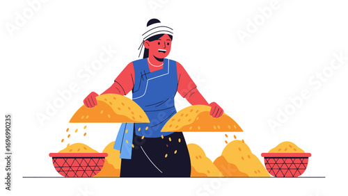 Harvesting: A worker is gathering and filtering grains during harvest time. The image conveys a sense of diligence and a connection to the earth.