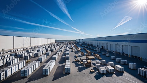 Extensive warehouse area with stacked pallets under a clear sky.
