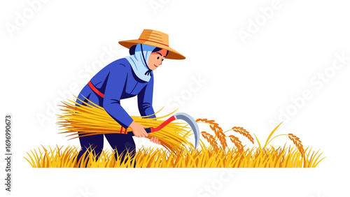 The Farmer at Harvest: A hardworking farmer harvests ripe wheat crops in a golden field, a testament to the agricultural industry and dedication to cultivation.