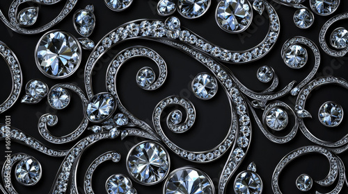 Realistic diamond seamless design set against a black background. Shiny gemstone curls ideal for jewelry graphics, banners, posters, invitations, and gift cards. Vector illustration.