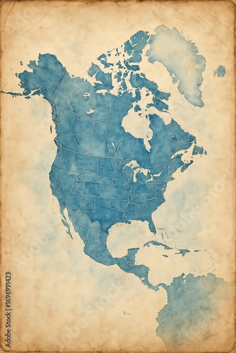 Watercolor map of north america on vintage paper