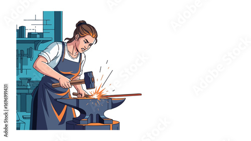 Forge of Dedication: A skilled artisan forges metal with precision, creating a shower of sparks in a traditional workshop setting.