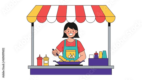 Cheerful Food Stall Owner: A smiling vendor, apron-clad, joyfully crafts and sells delectable fast food from her lively outdoor food stall, surrounded by condiment bottles.