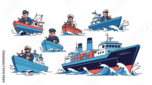 Maritime Voyage: A captivating illustration showcasing a collection of vessels, each guided by a skilled captain, navigating the ocean with unwavering resolve and seafaring expertise. 