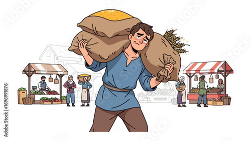 Market Burden: An individual is burdened by a heavy load while navigating a bustling medieval market. The illustration captures the essence of labor and daily life in a historical setting.