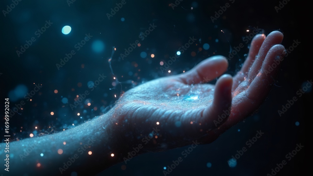 Fototapeta premium Hand holding glowing particles in dark space, digital creation concept