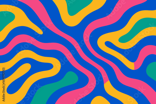 A bold and lively abstract design featuring flowing, curvy lines in bright shades of pink, yellow, blue, and green, creating a dynamic and energetic composition