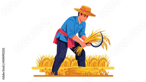 The Harvest: A farmer cuts down golden wheat with a curved sickle, embodying labor, and dedication to provide sustenance.