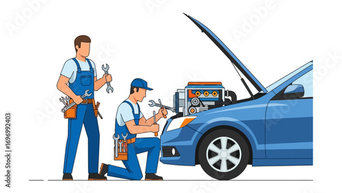Automotive Mechanics in Action: Two mechanics, equipped with essential tools, diligently repair a vehicle, embodying expertise and precision.