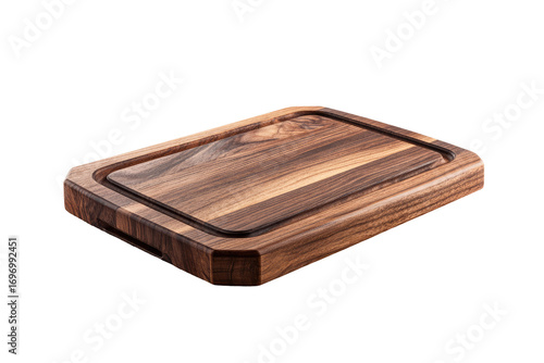 Rectangular hardwood cutting board.  A dark-brown wooden cutting board with a rectangular shape, a beveled edge, and a slightly recessed groove running along its length.  The wood grain is visible