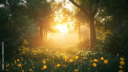 Magical morning sunlight glowing across dark forest high resolution picture