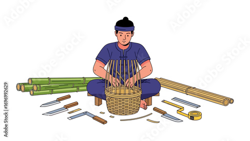 Artisan Crafting: A skilled artisan meticulously weaves bamboo to craft a basket, surrounded by essential tools that bring to life his intricate creation. 