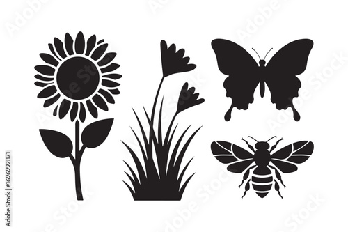 Black silhouette stencils of sunflower butterfly bee and grass flowers