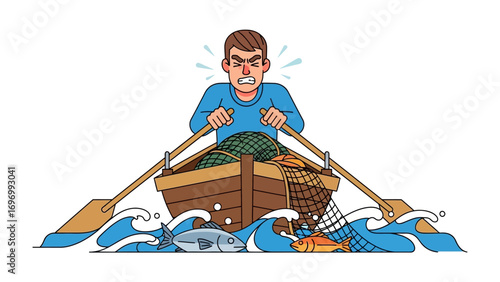 Struggling Fisherman at Sea: A determined fisherman battles the turbulent sea, rowing with all his might amidst crashing waves and a boat full of fish.