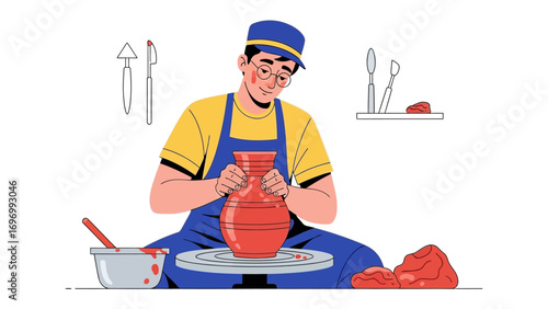 Potter's Craft: An artist skillfully shapes clay on a pottery wheel, bringing a new artistic project to life in a photorealistic illustration of the craft.