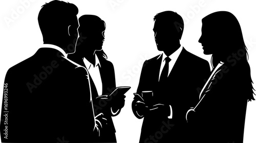 Silhouettes of Four People Engaged in Conversation on White Background – Group Discussion Vector Illustration