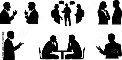Silhouettes of Four People Engaged in Conversation on White Background – Group Discussion Vector Illustration