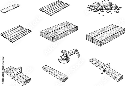 Black and white line drawing of construction materials including wooden planks, corrugated metal sheets, rocks, metal brackets, and an electric grinder