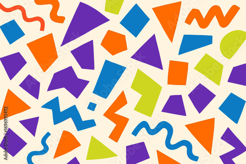 A playful and colorful abstract pattern featuring a variety of geometric shapes in vibrant shades of purple, orange, blue, and green, arranged in an energetic and dynamic composition