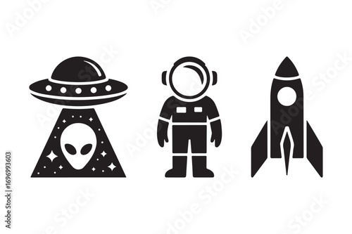 Retro sci fi icons astronaut alien spaceship and rocket