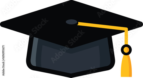 Black graduation cap with golden tassel vector illustration, academic achievement symbol, education celebration icon, graduation ceremony, student success graphic design
