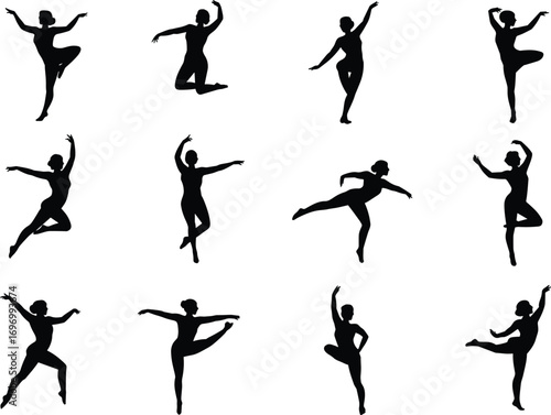  Ballet dancer silhouette vector set, elegant female ballerina performing dance poses, artistic movement illustration, graceful body balance, performance art, creative design element