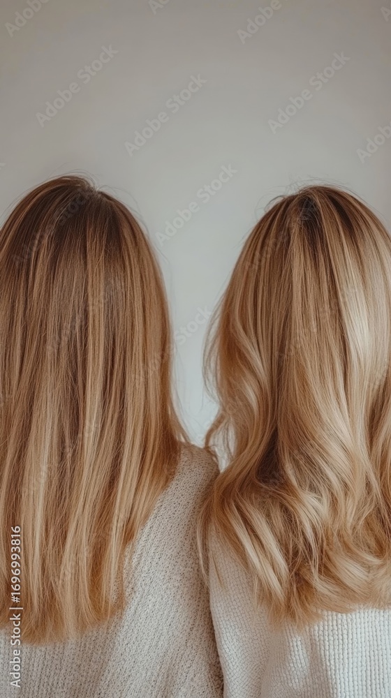 Fototapeta premium Two women with long blonde hair are standing next to each other