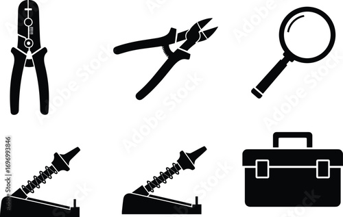 Black silhouette vector icons of hand tools and equipment including wire stripper, pliers, magnifying glass, soldering iron, toolbox