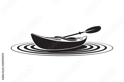 Black and white illustration of a kayak with paddle on rippling water