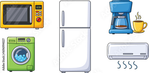 Cartoon home appliances set including yellow microwave, green washing machine, white fridge, blue coffee maker with cup, and white air conditioner on white background