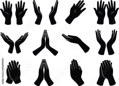 Collection of human hand silhouette vector icons, praying, clapping, open palm, gesture signs illustration for religion, support, communication, meditation, and gratitude concepts