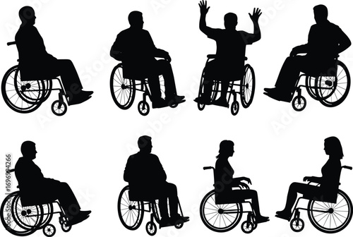 Collection of wheelchair user silhouette vector illustrations, diverse men and women sitting in wheelchairs, healthcare, disability support, rehabilitation, medical, accessibility, inclusion concepts