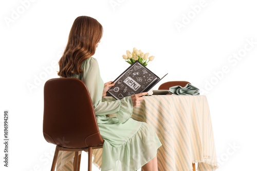Young woman with menu sitti...