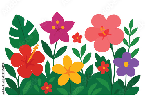 A vibrant illustration of various tropical flowers and lush green foliage in a garden setting.